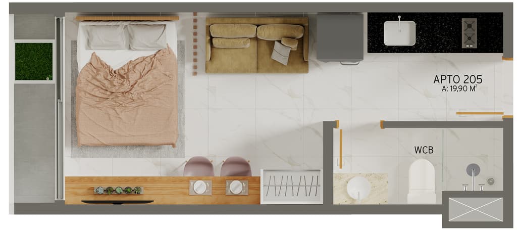 Planta 01 - 1 dorm 19,90m² - studio