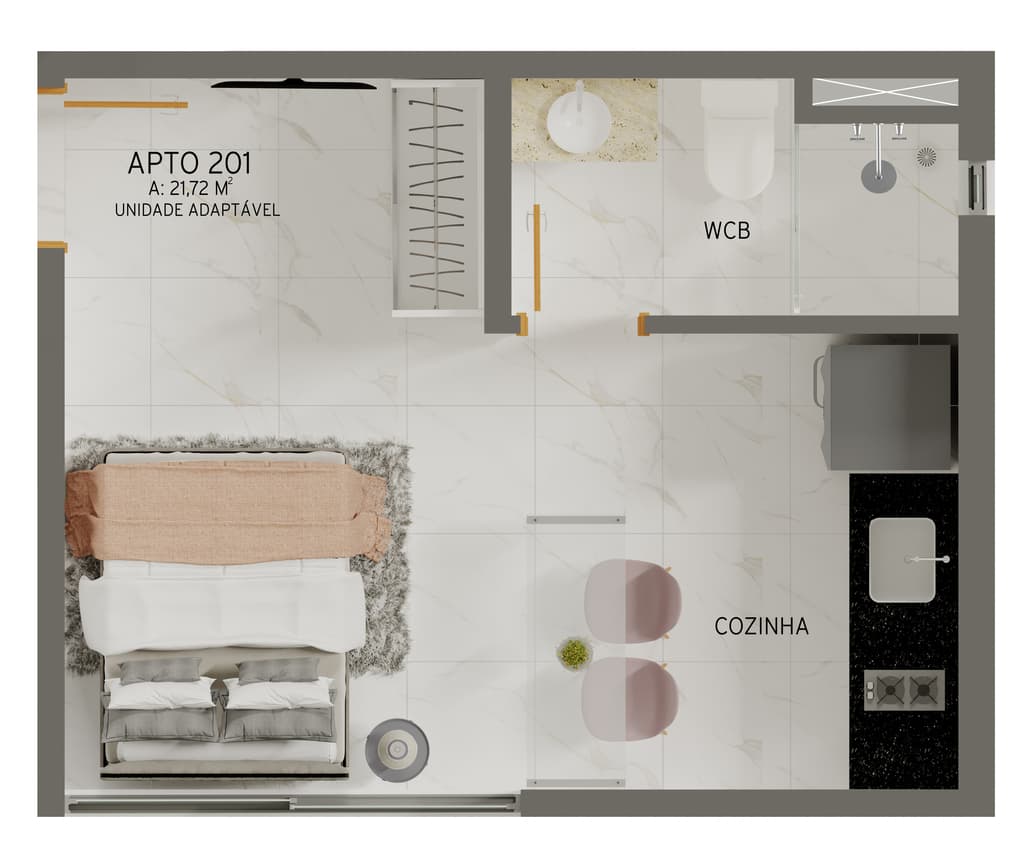 Planta 03 - 1 dorm 21,72m² - studio