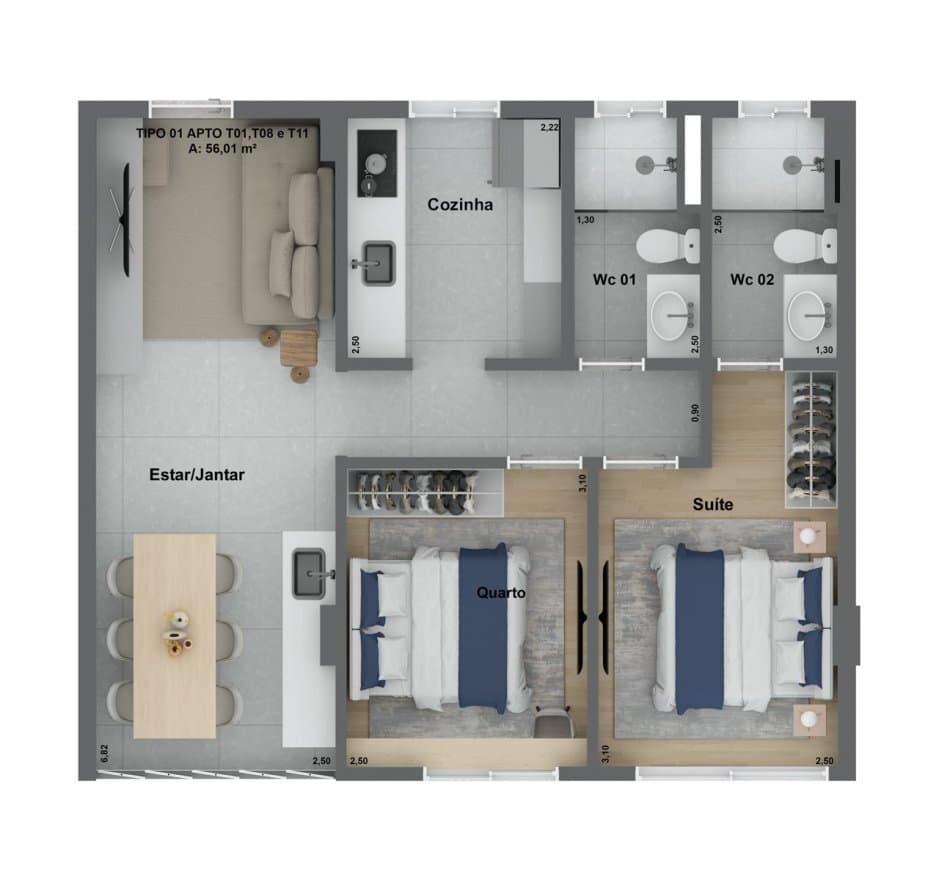 Planta 01 - 2 dorm 56,01m²