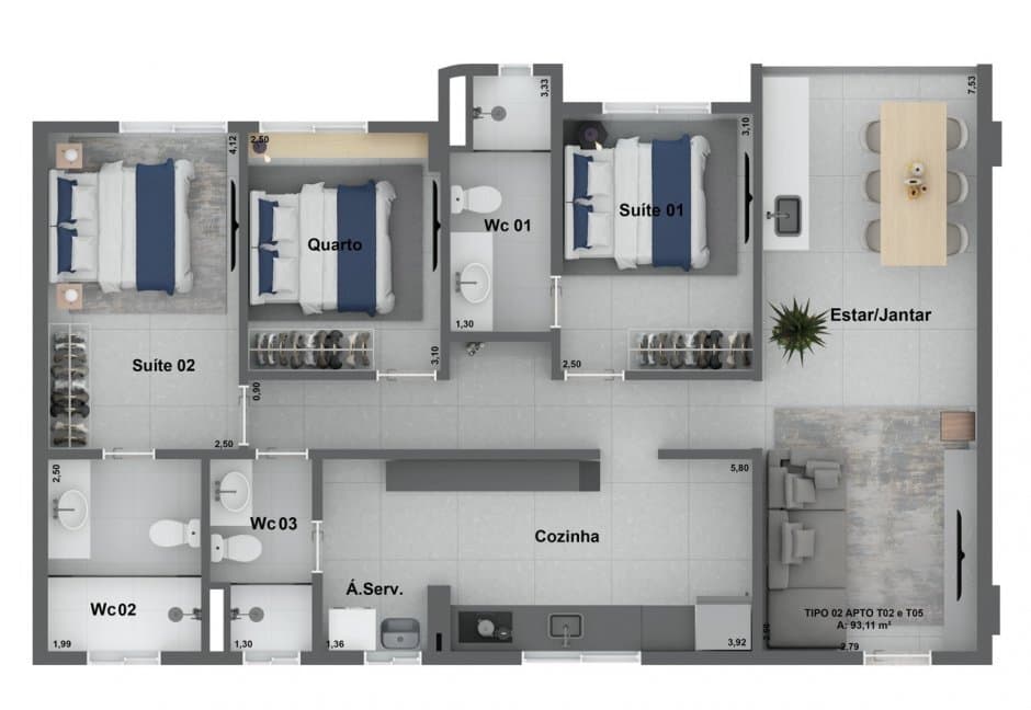 Planta 02 - 3 dorm 93,11m²