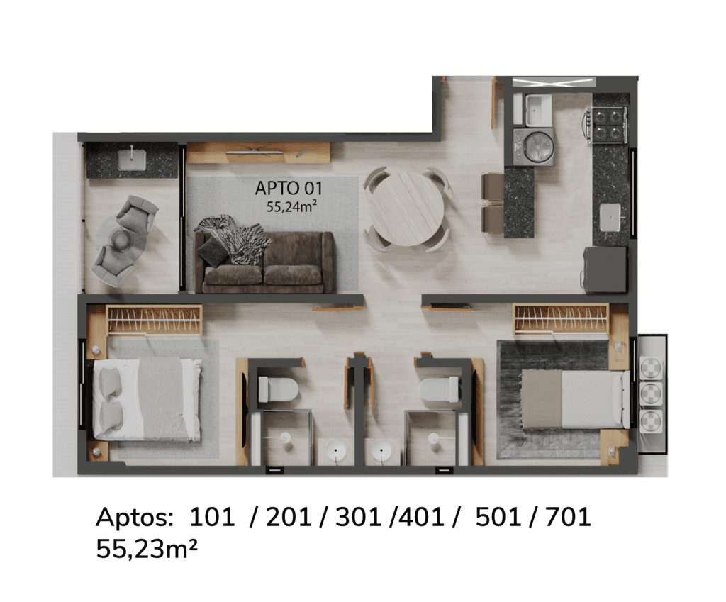 Planta 02 - 2 dorm 55,23m²