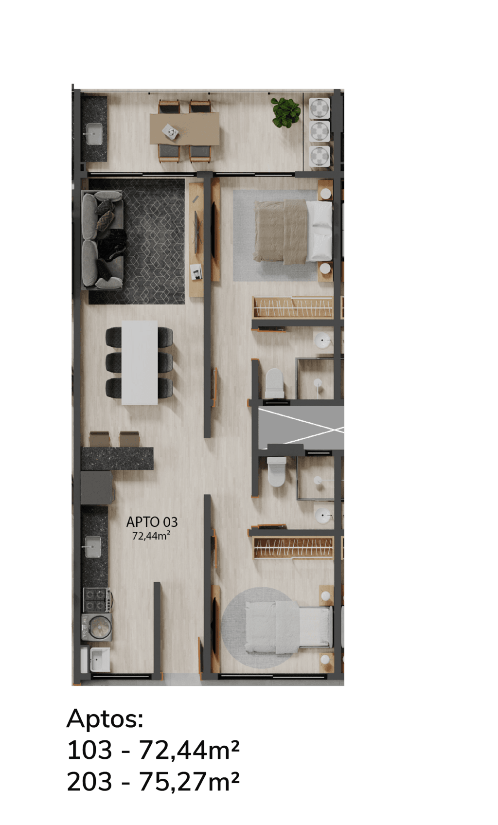Planta 03 - 2 dorm 72,44m²