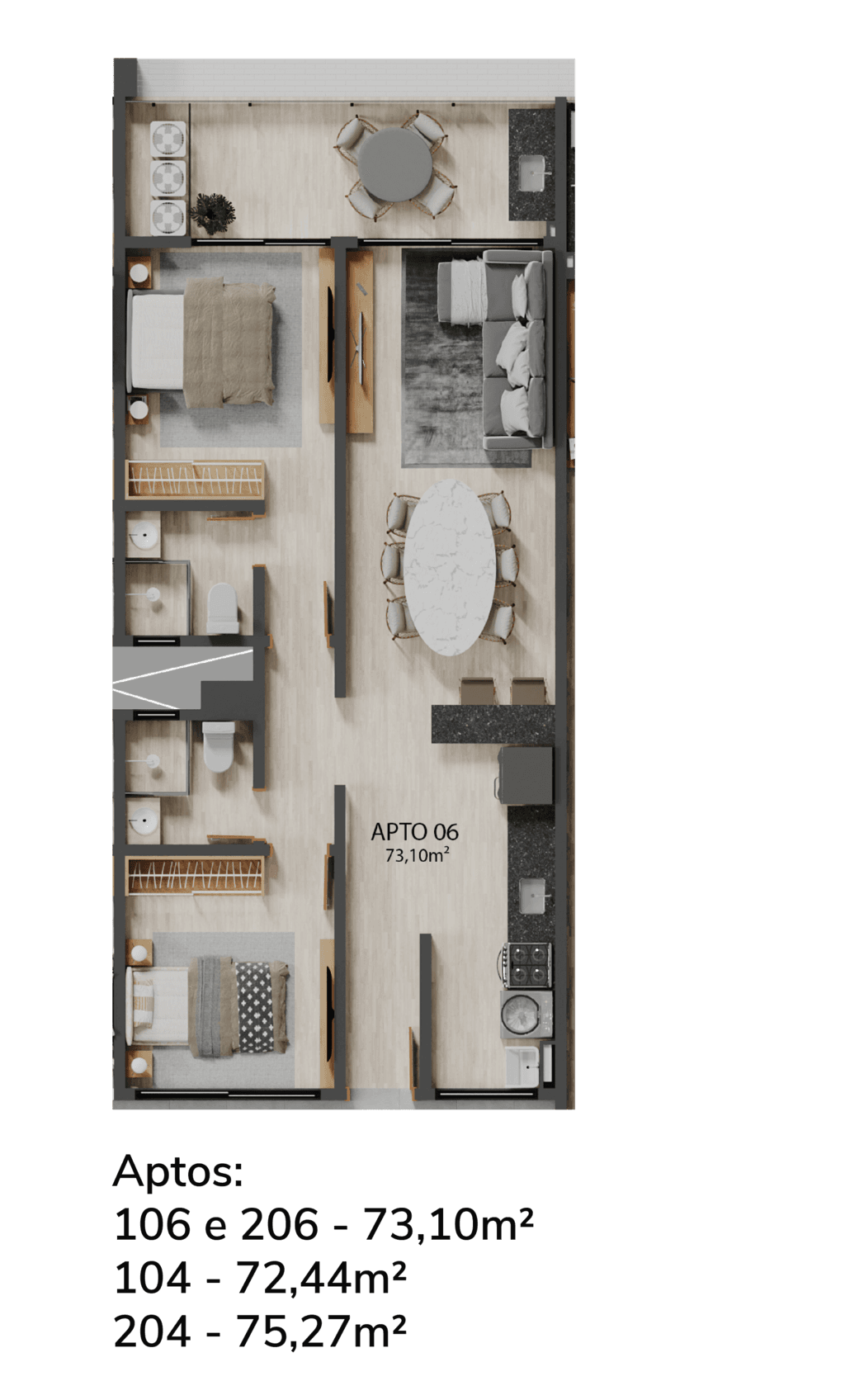 Planta 04 - 2 dorm 73,10m²