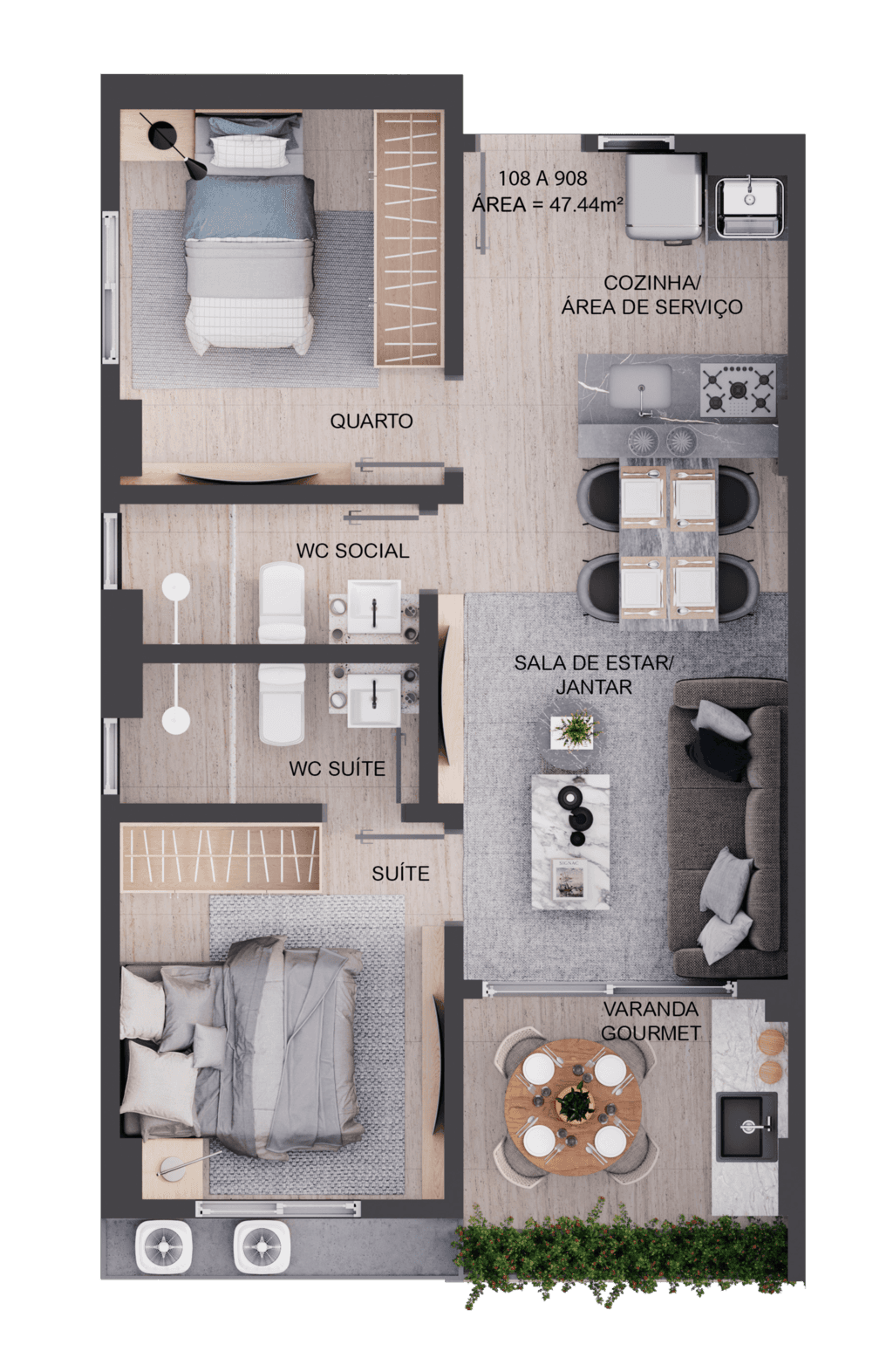 Planta 03 - 2 dorm 47,44m²