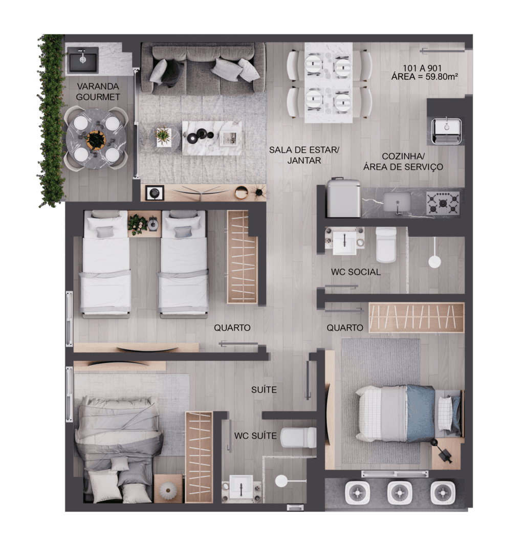 Planta 09 - 3 dorm 59,80m²