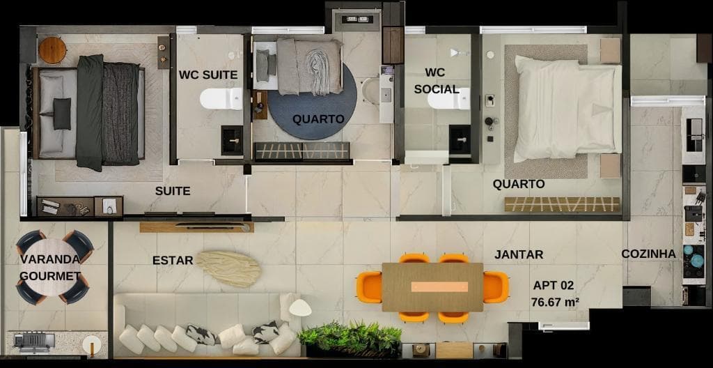 Planta 02 - 3 dorm 76,67m²