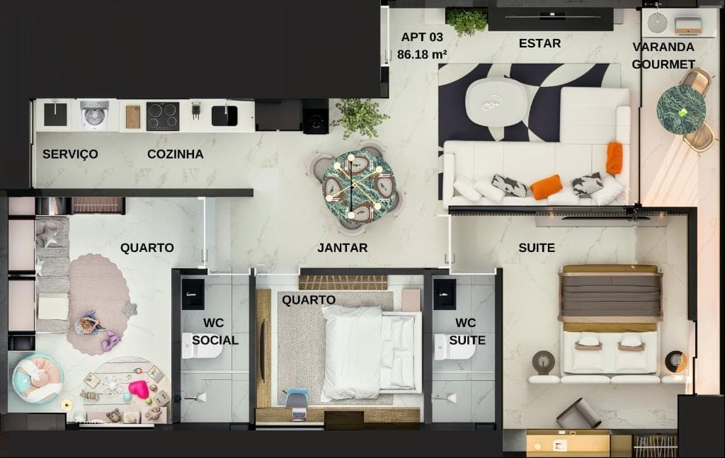 Planta 03 - 3 dorm 86,18m²