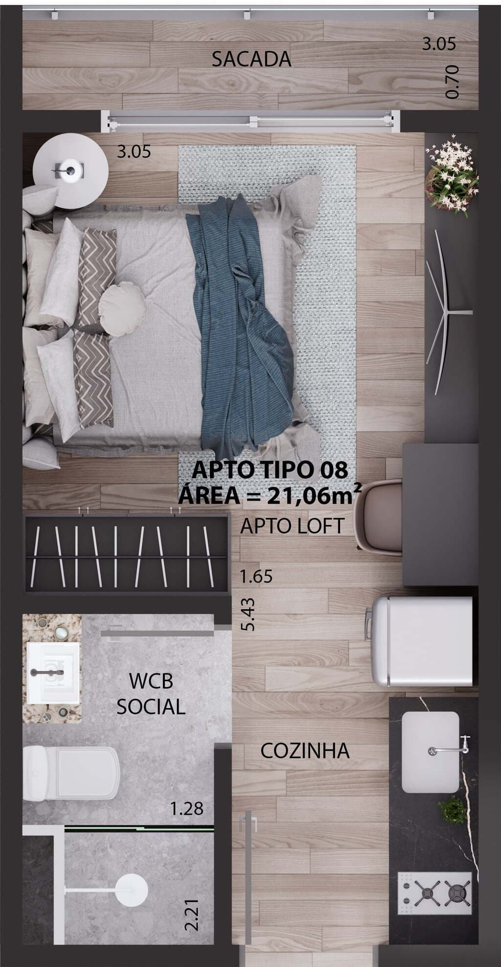 Planta 02 - 1 dorm 21,06m² - studio