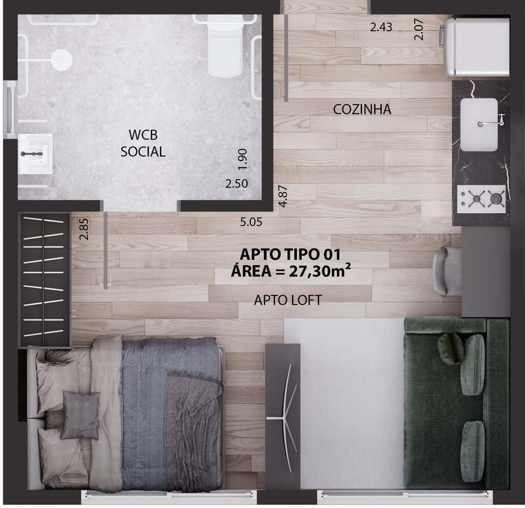 Planta 03 - 1 dorm 27,30m² - studio