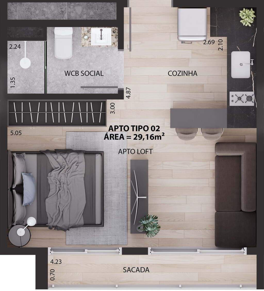 Planta 04 - 1 dorm 29,16m² - studio