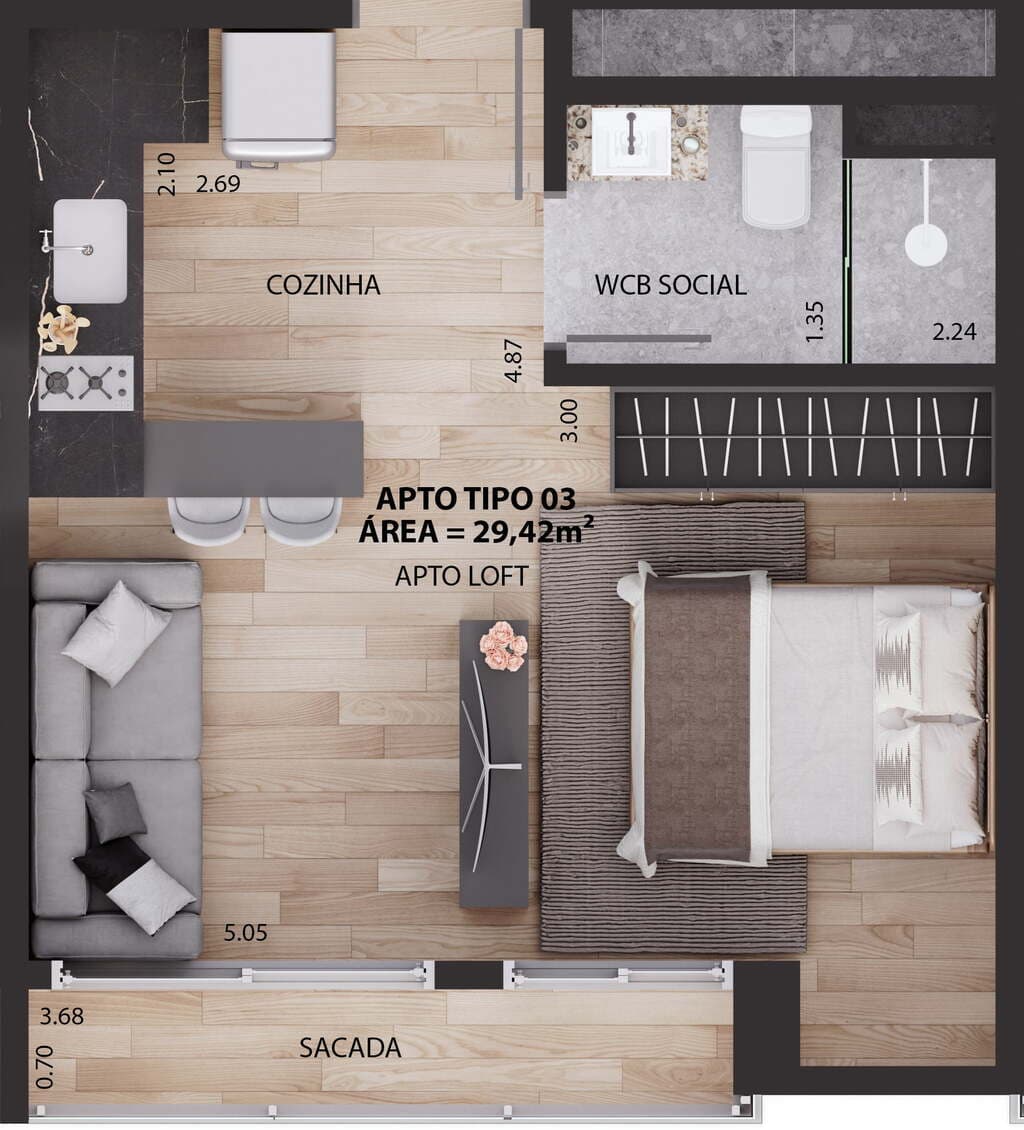 Planta 05 - 1 dorm 29,42m² - studio