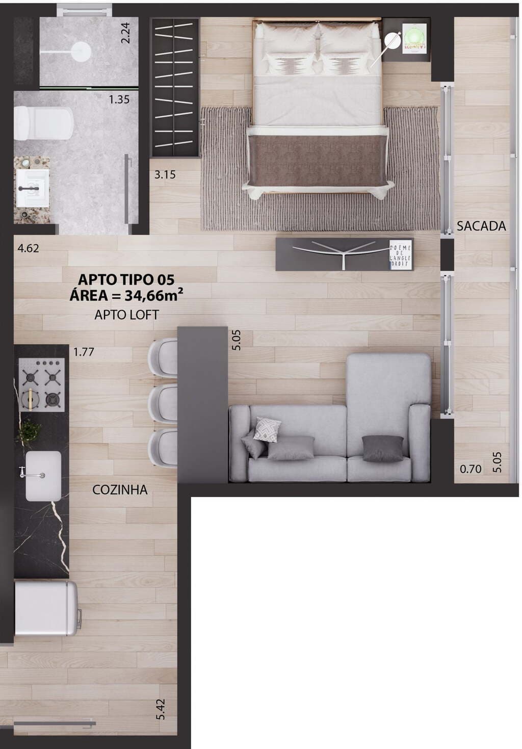 Planta 06 - 1 dorm 34,66m² - studio