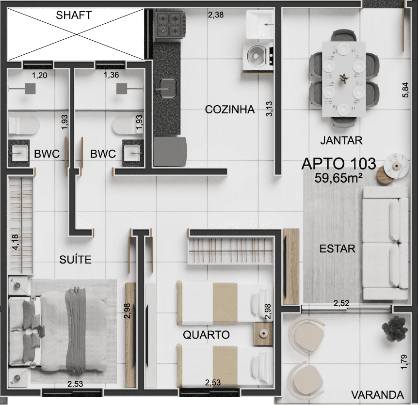 Planta 01 - 2 dorm 59,65m²