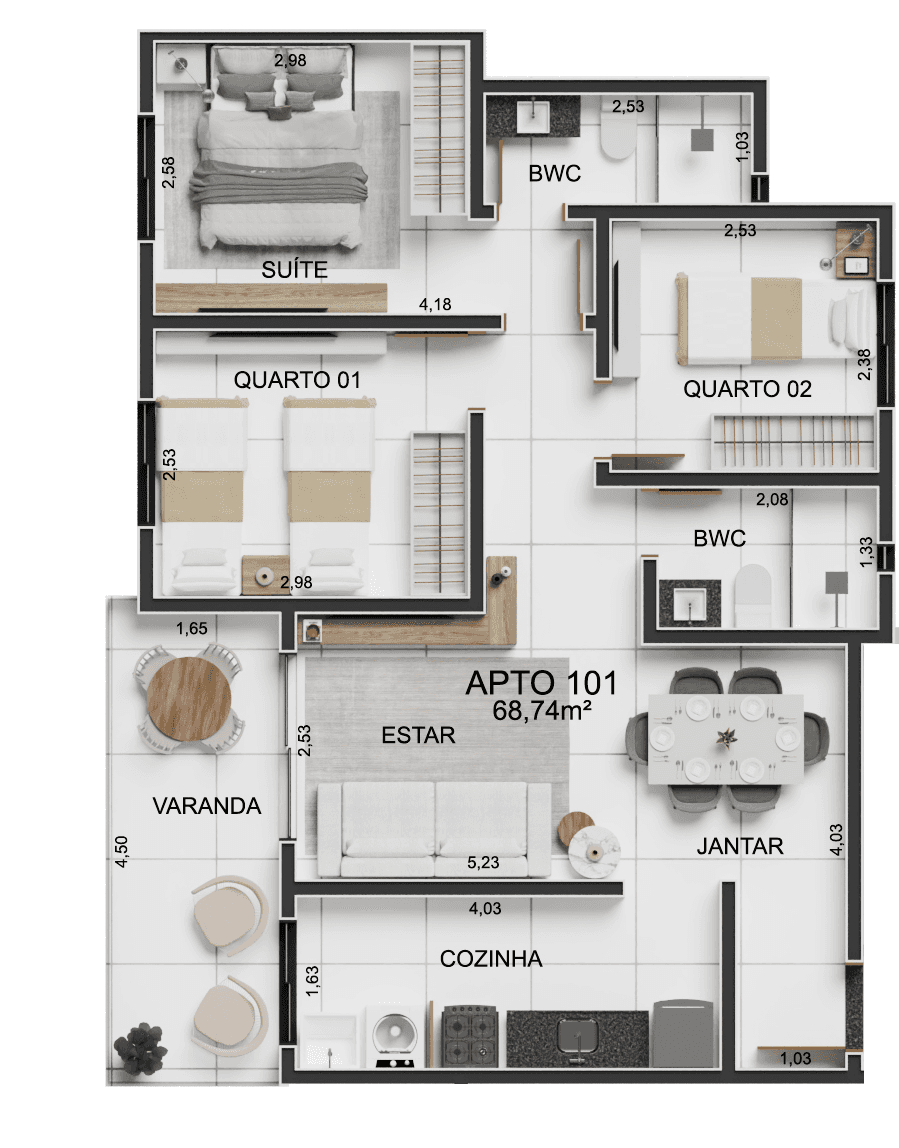 Planta 02 - 3 dorm 68,74m²