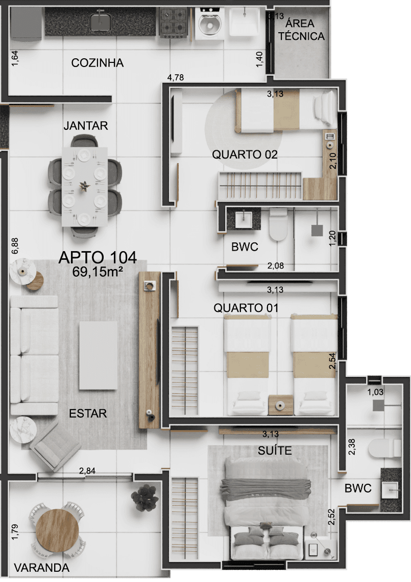 Planta 03 - 3 dorm 69,15m²