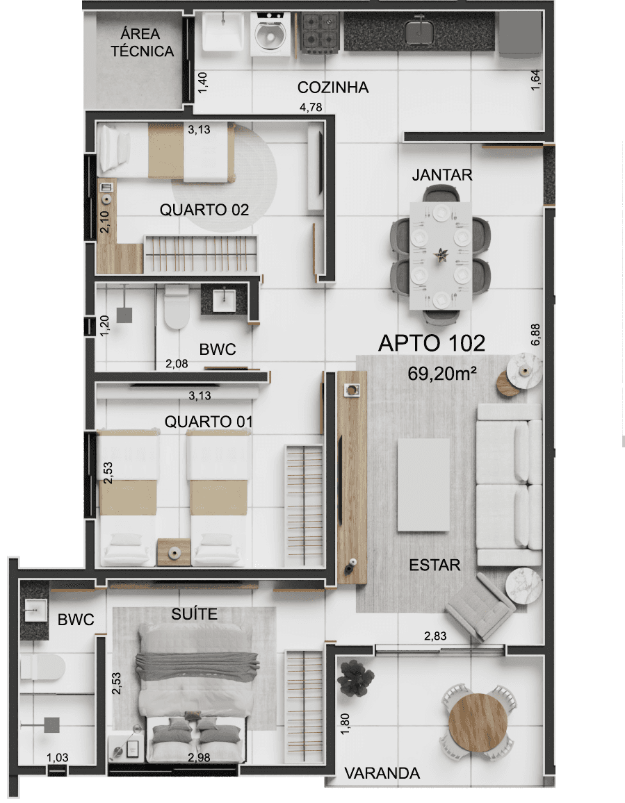 Planta 04 - 3 dorm 69,20m²