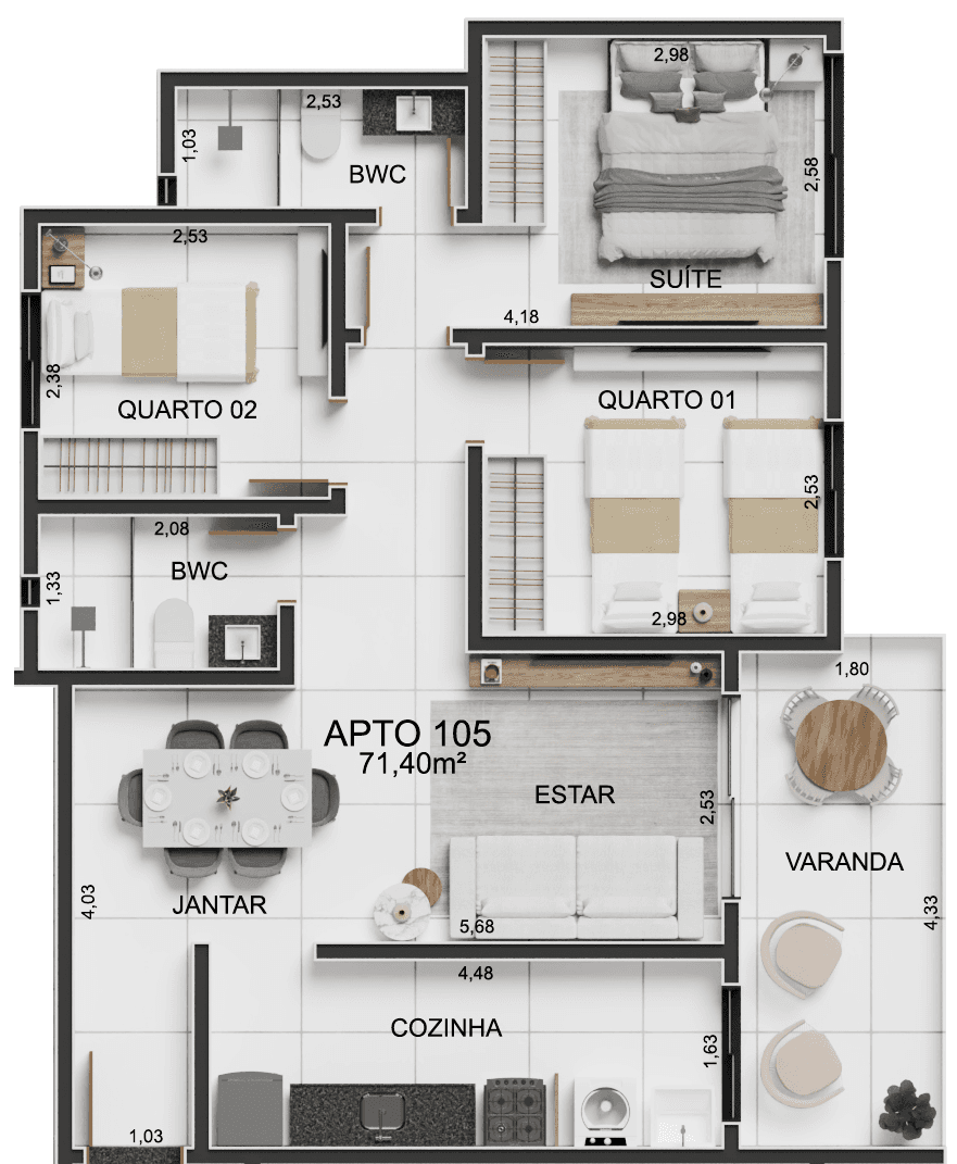 Planta 05 - 3 dorm 71,40m²