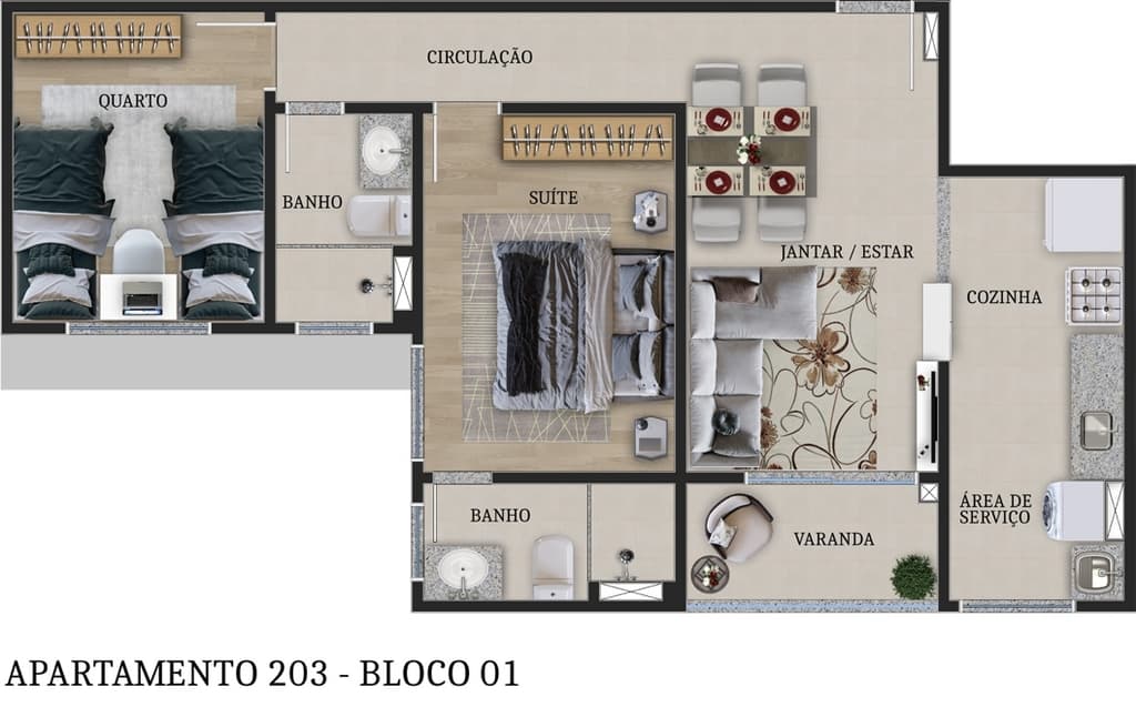 Planta 01 - 2 dorm 58,96m²