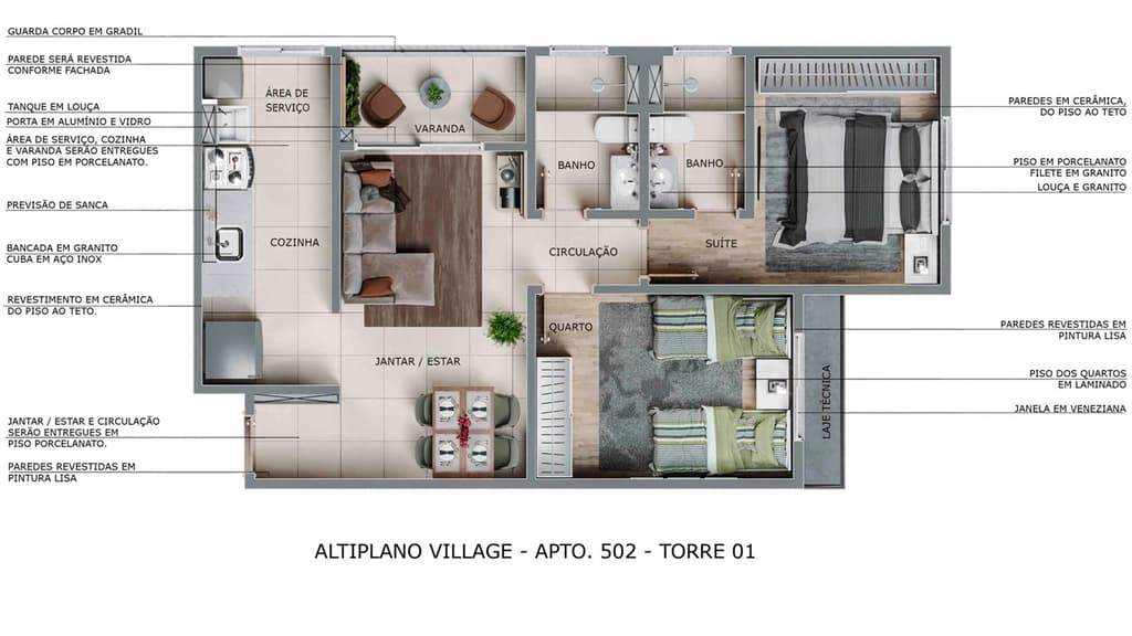 Planta 01 - 2 dorm 54,75m²