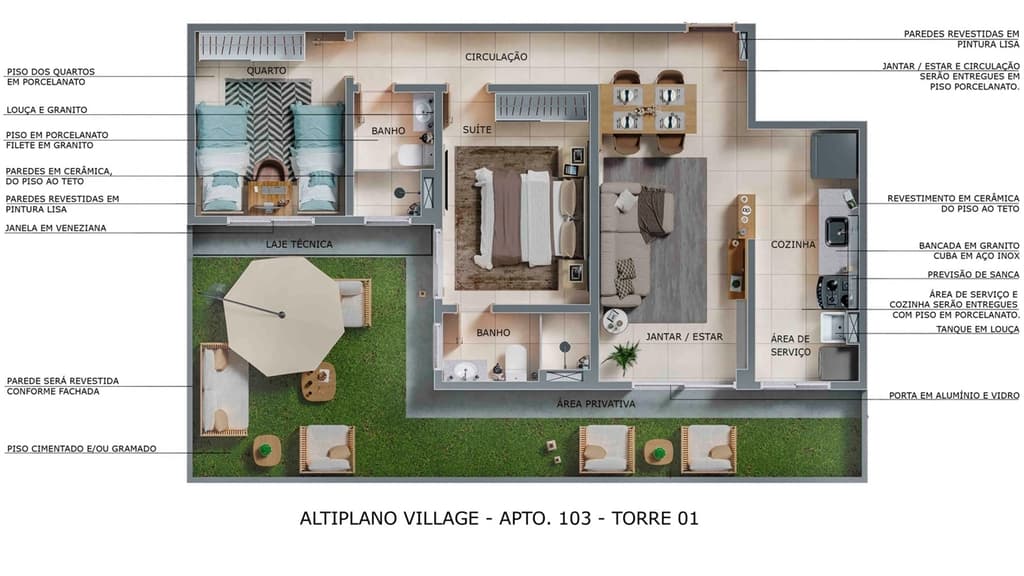 Planta 03 - 2 dorm 68,67m² - garden