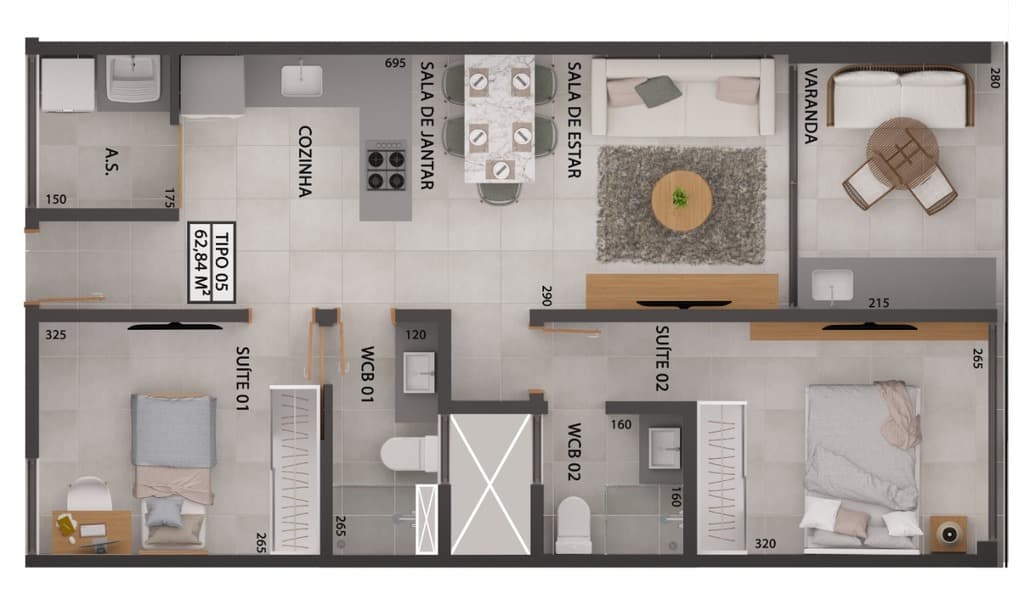 Planta 01 - 2 dorm 62,84m²