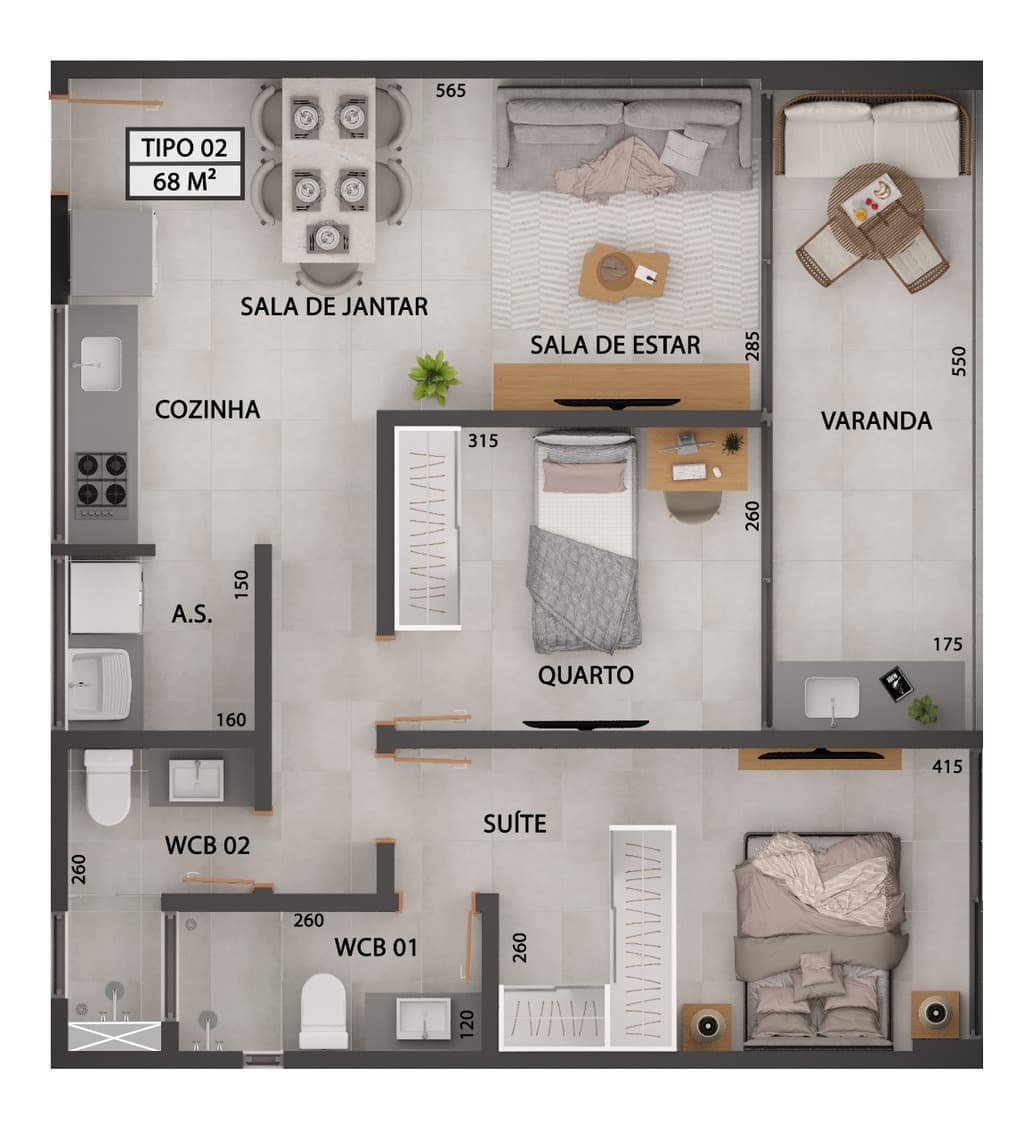 Planta 02 - 2 dorm 68m²