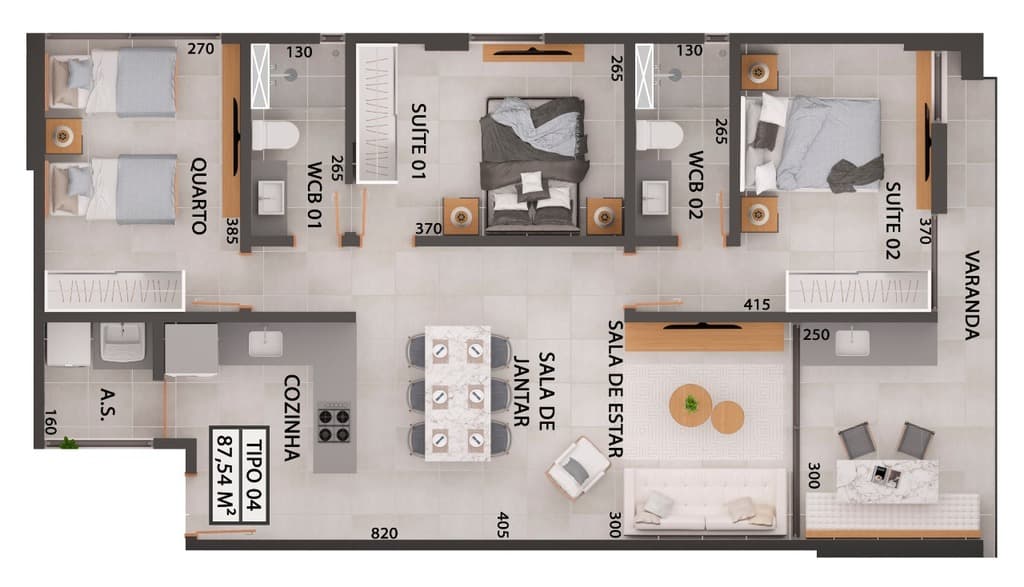 Planta 03 - 3 dorm 87,54m²