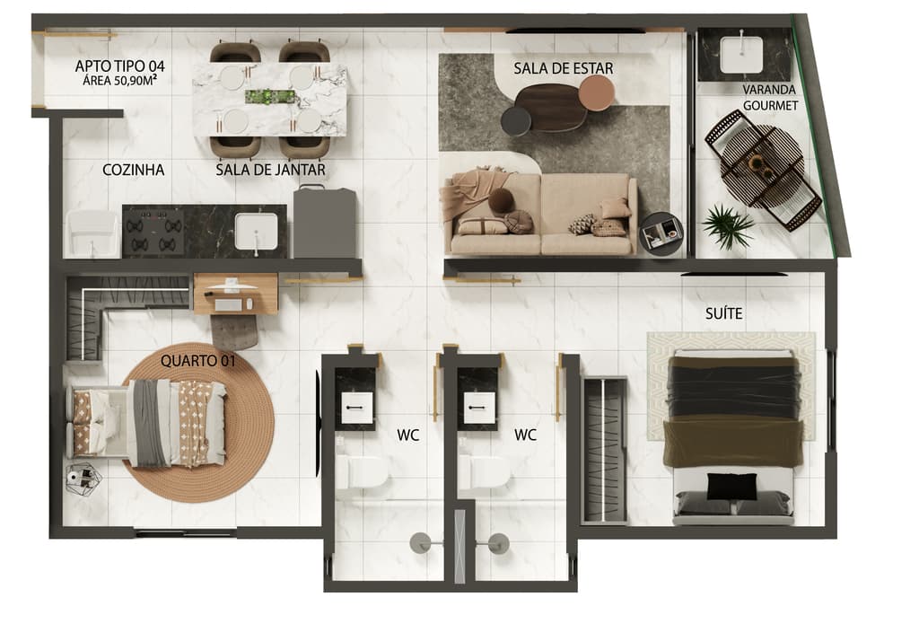 Planta 01 - 2 dorm 50,90m²