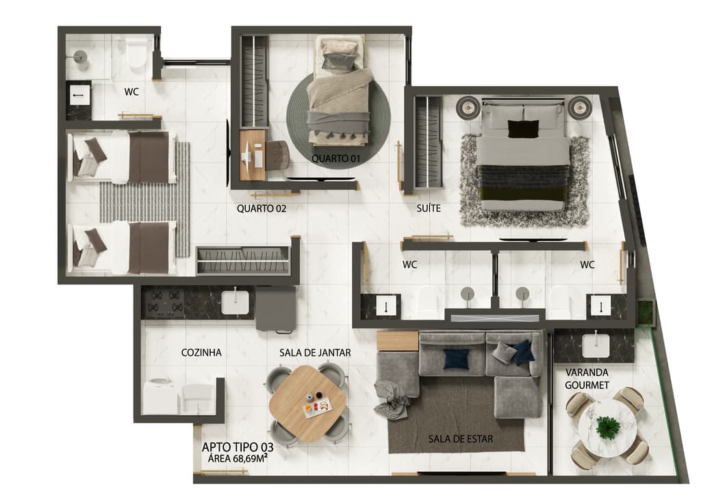 Planta 03 - 3 dorm 68,69m²
