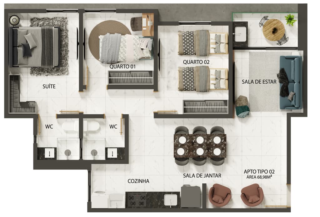 Planta 04 - 3 dorm 68,98m²