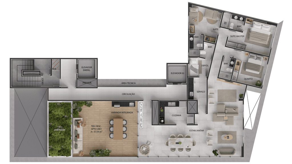 Planta 10 - 3 dorm 206,11m² - cobertura horizontal